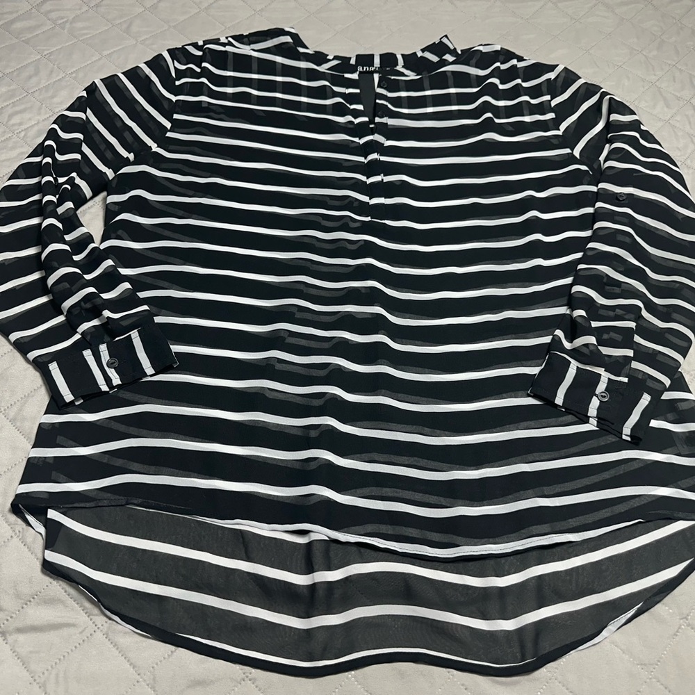 a.n.a Black and White Striped Long Sleeve Blouse